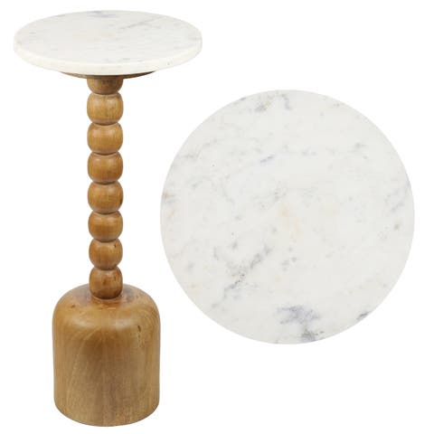 Turner 24.5" Designer Cottage Spindle Wood Column Drink Table and Decorative End Table with Marble Round Top