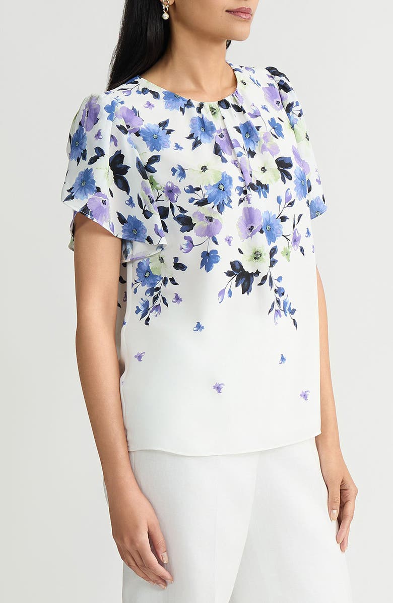 KASPER Print Flutter Sleeve Top, Alternate, color, Lily White Multi