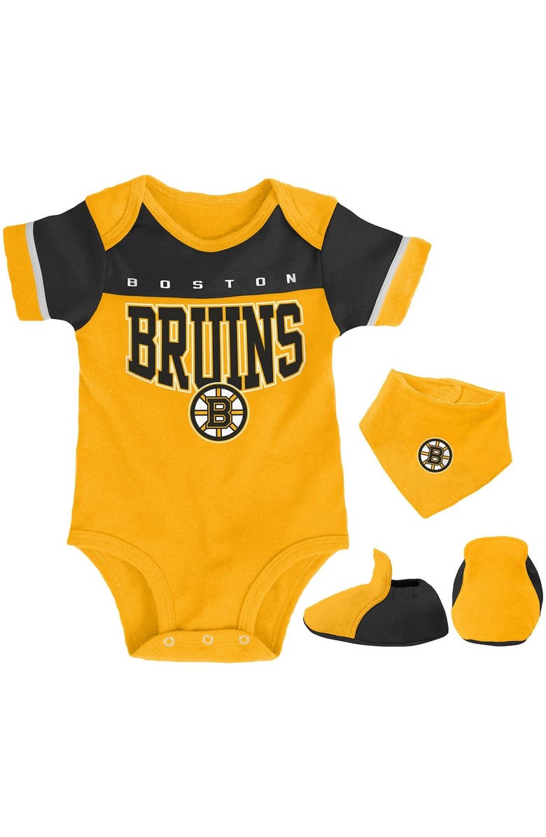 Outerstuff Newborn & Infant Gold/Black Boston Bruins Puck Happy Bodysuit Bib & Booties Set, Main, color, 