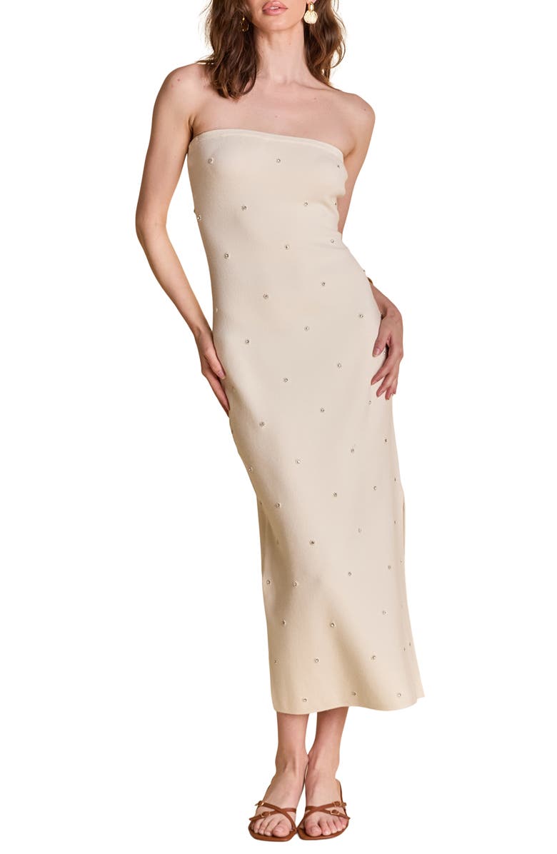 Endless Rose Embellished Strapless Knit Midi Dress, Main, color, Cream
