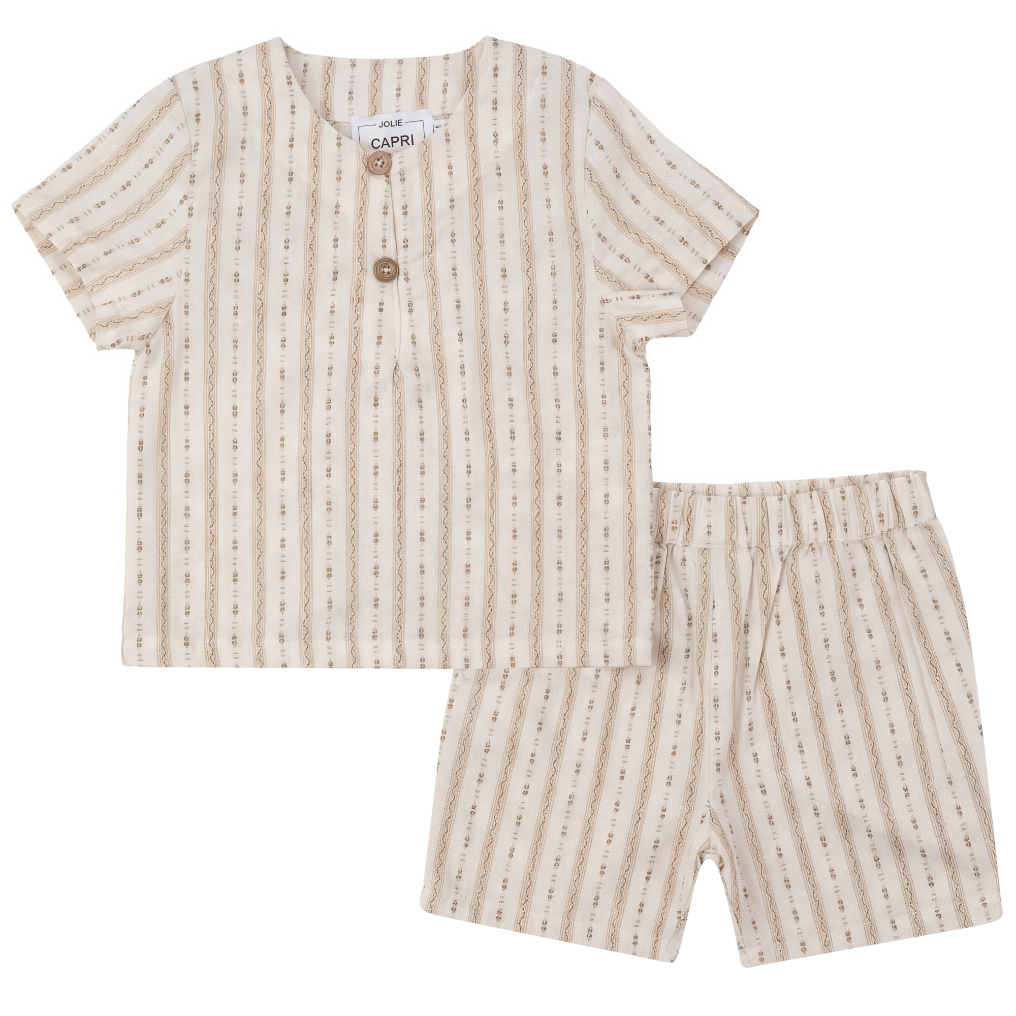 Jolie Capri Kids'  Striped Button Shirt & Elastic Waist Shorts Two Piece Set In Sand