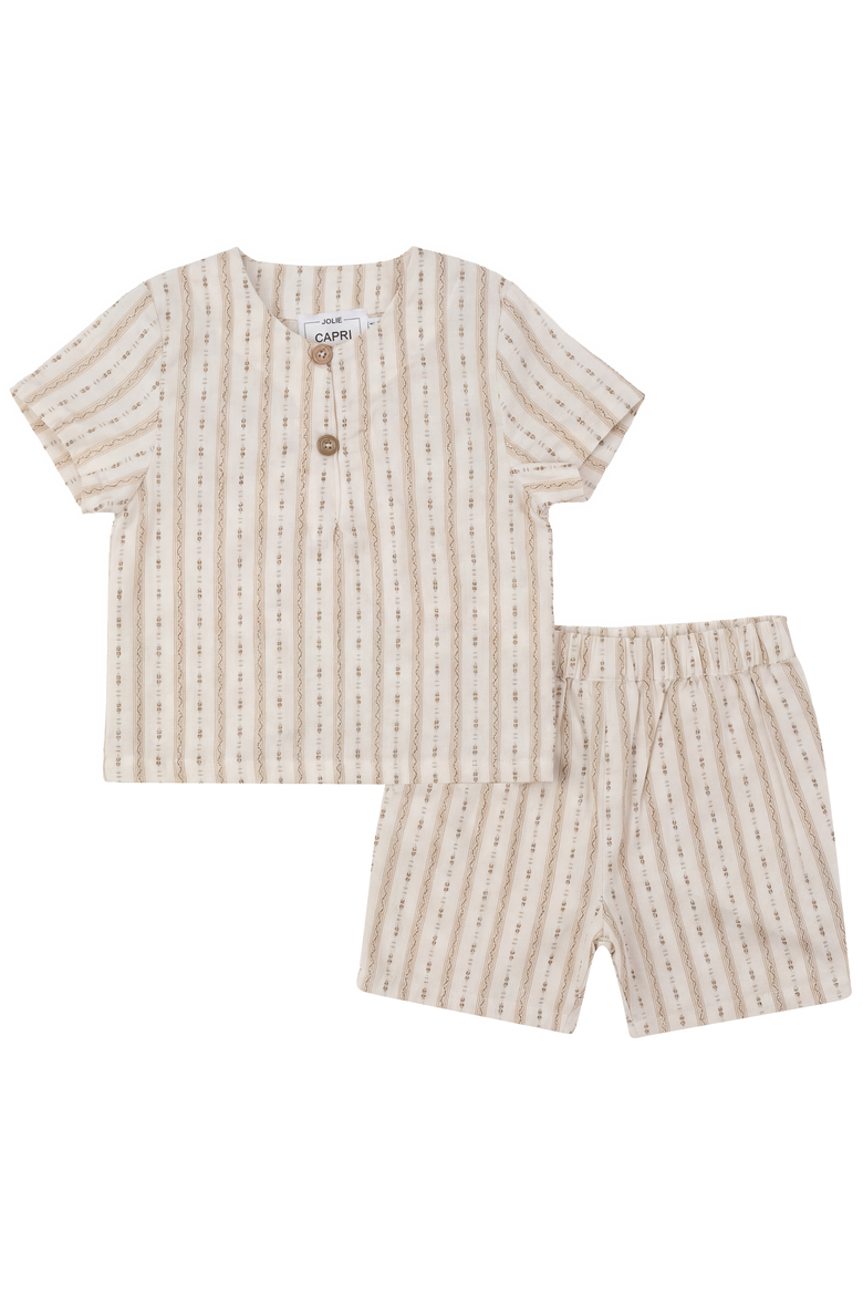 Striped Woven Button Shirt and Elastic Waist Shorts Set, Main, color, Beige