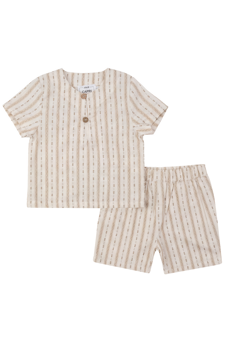 Jolie Capri Striped Woven Button Shirt and Elastic Waist Shorts Set, Main, color, Beige
