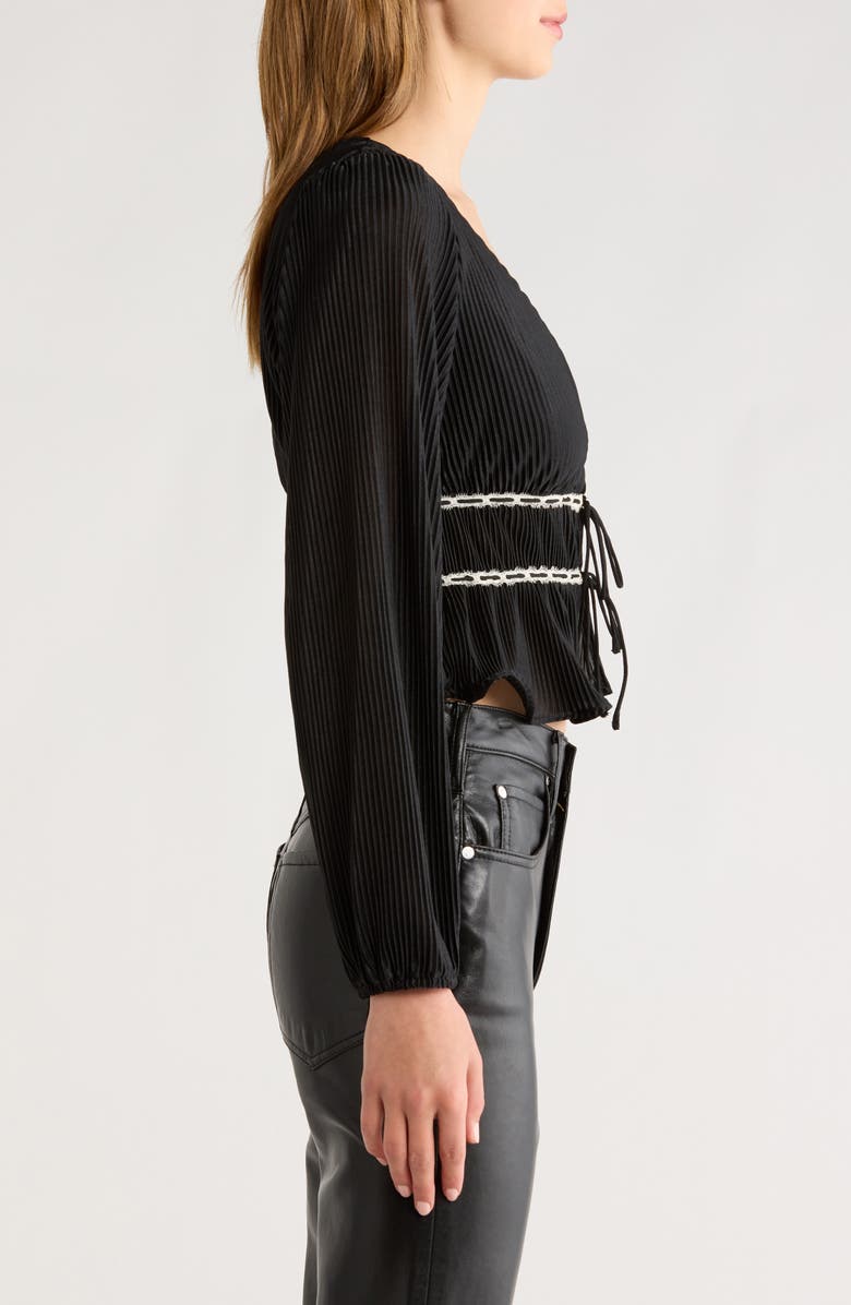 All in Favor Tie Front Satin Plissé Top, Alternate, color, Black