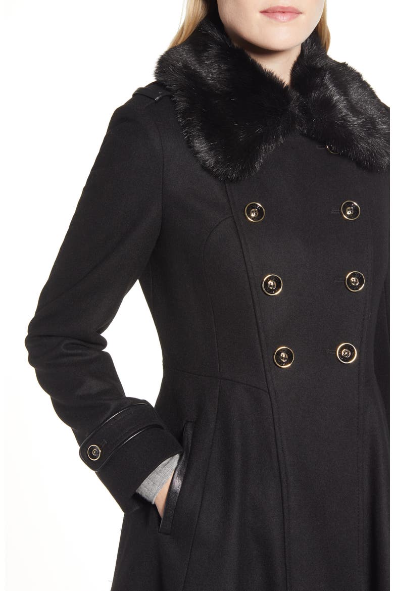 Double Breasted Fit & Flare Coat with Faux Fur Collar, Alternate, color, BLACK