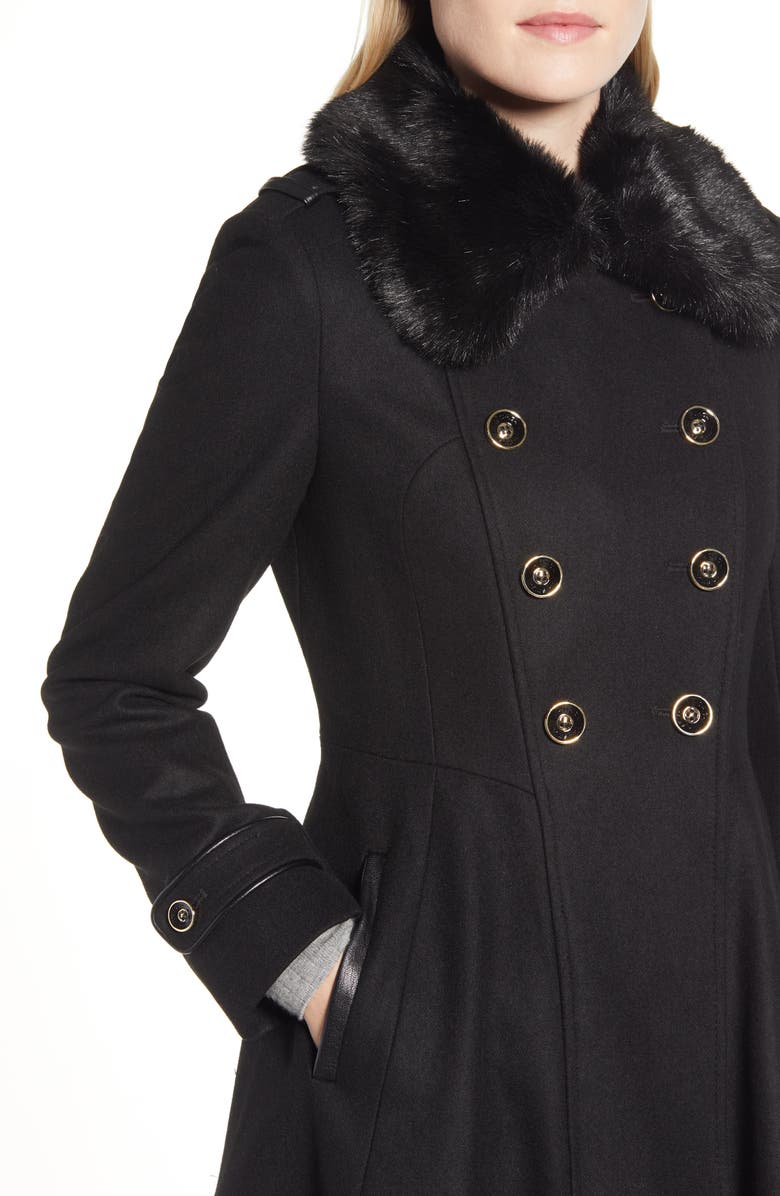 Via Spiga Double Breasted Fit & Flare Coat with Faux Fur Collar, Alternate, color, 