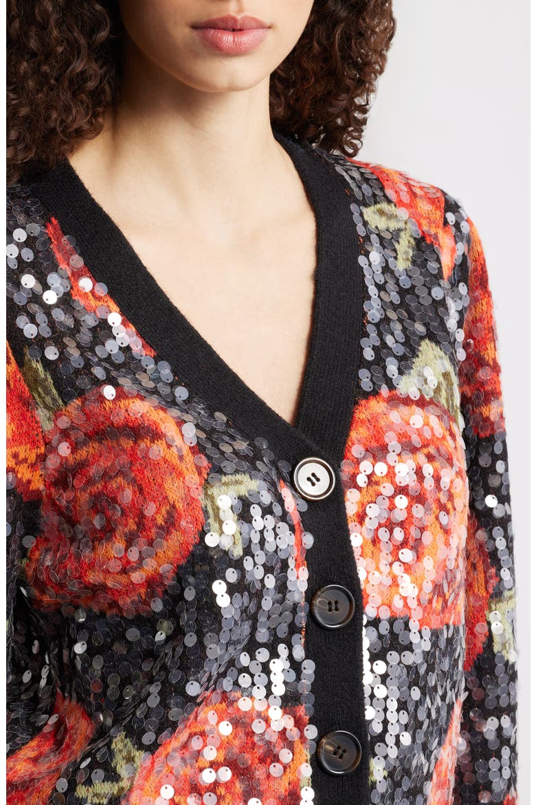 Latin Roses Sequin Knit Cardigan, Alternate, color, BLACK