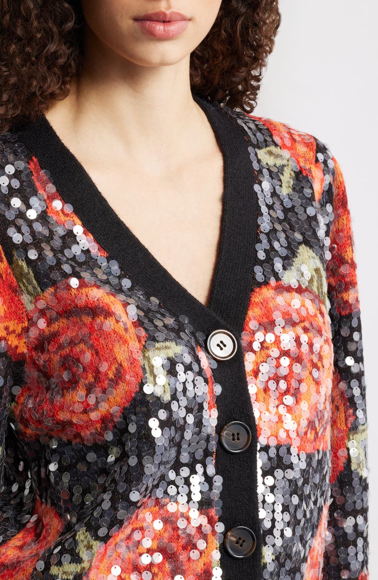 FARM Rio Latin Roses Sequin Knit Cardigan, Alternate, color, Black