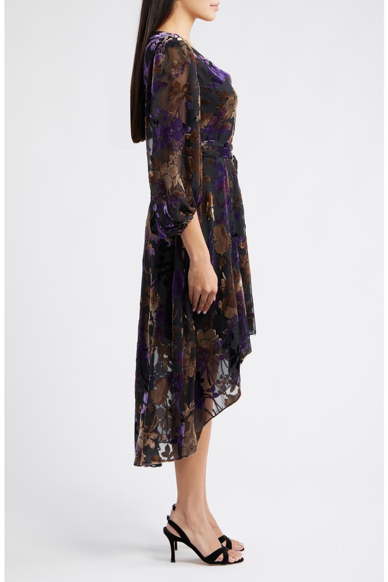 Floral Burnout Velvet Puff Sleeve Midi Dress, Alternate, color, BLACK PLUM