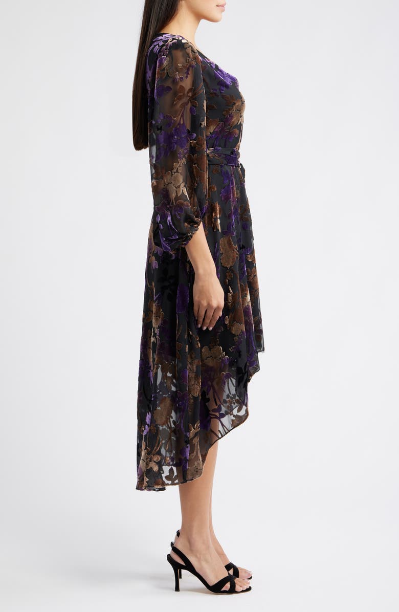 Eliza J Floral Burnout Velvet Puff Sleeve Midi Dress, Alternate, color, Black Plum