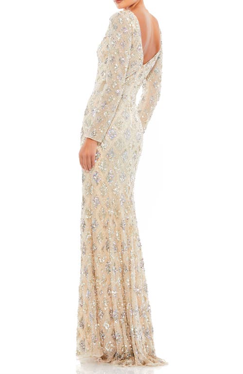 Mac Duggal Beaded Geometric Silver Sparkle Dress In Nude In Nude