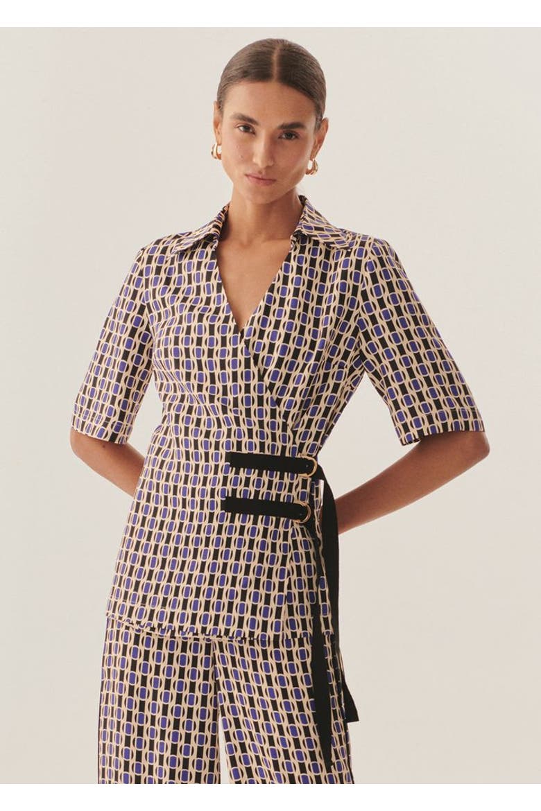 Madeline Belted Wrap Shirt, Main, color, Blue Patterned