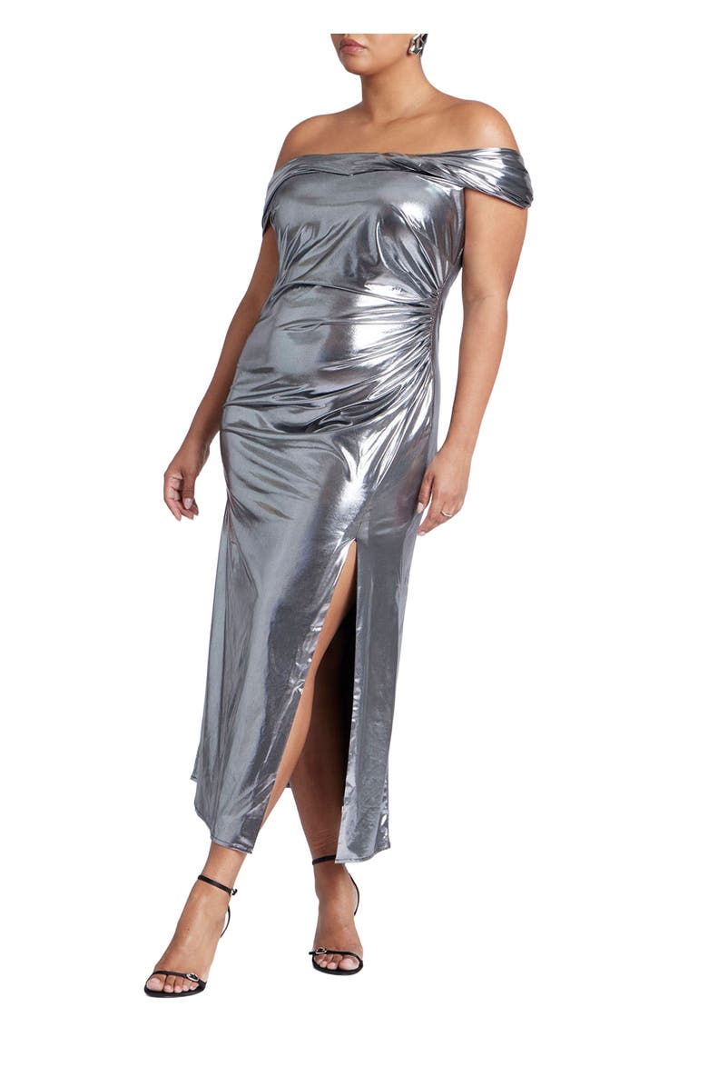 ELOQUII Twist Neck Lame Maxi Dress, Main, color, 