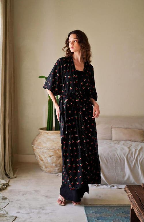Pink Haley Nostalgic Cherry-print Travel Kimono Duster In Black