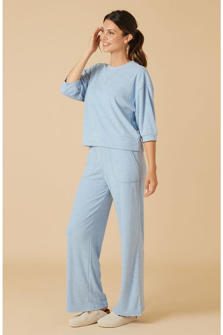 Terry Cropped Sleeve Crew Neck with Wide Leg Pant, Alternate, color, Heather Sky Blue