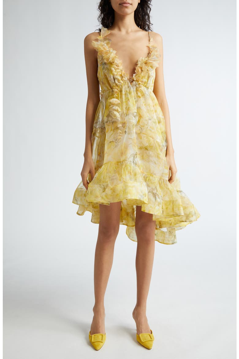 Harmony Floral Asymmetric Silk Organza Dress, Main, color, YELLOW PEONY