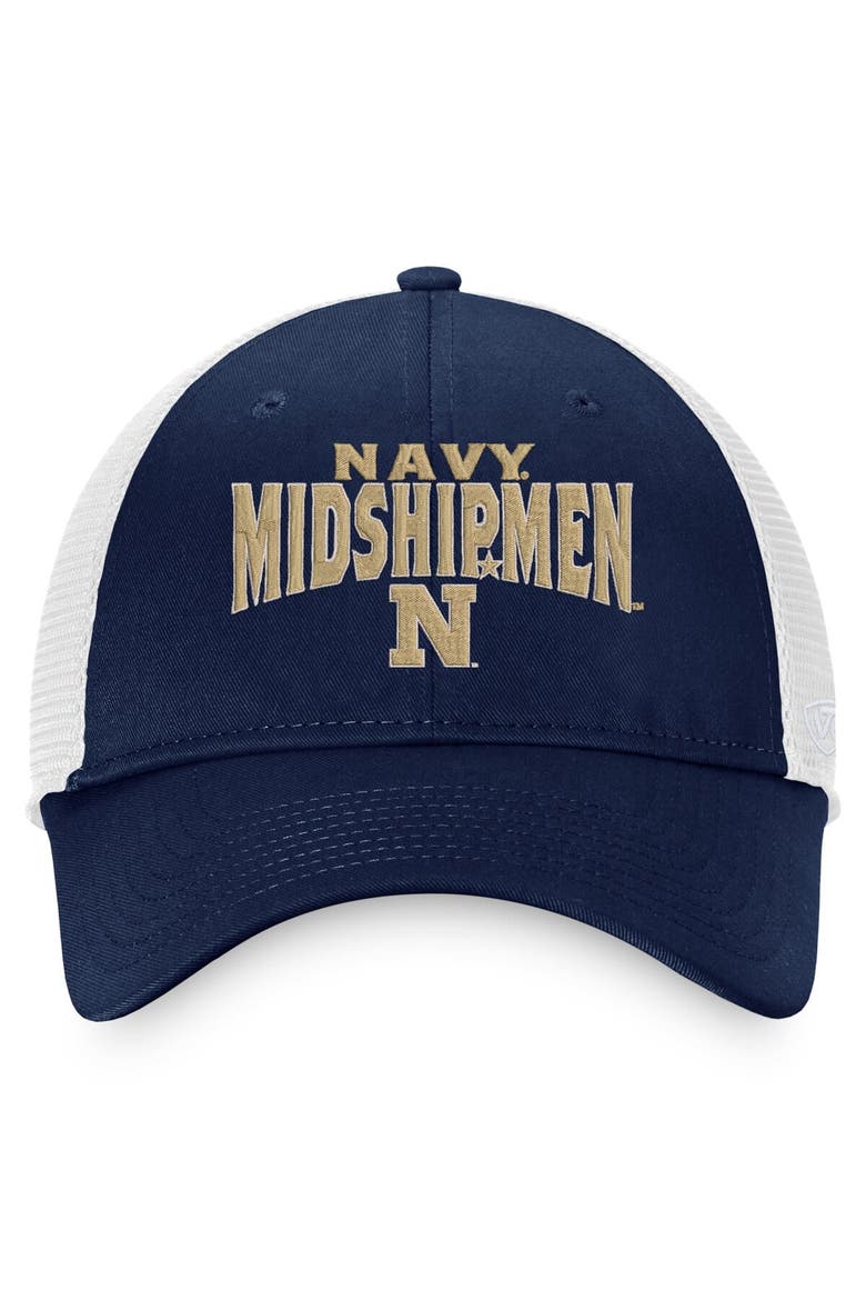 Men's Top of the World Navy/White Navy Midshipmen Breakout Trucker Snapback Hat, Alternate, color, Navy