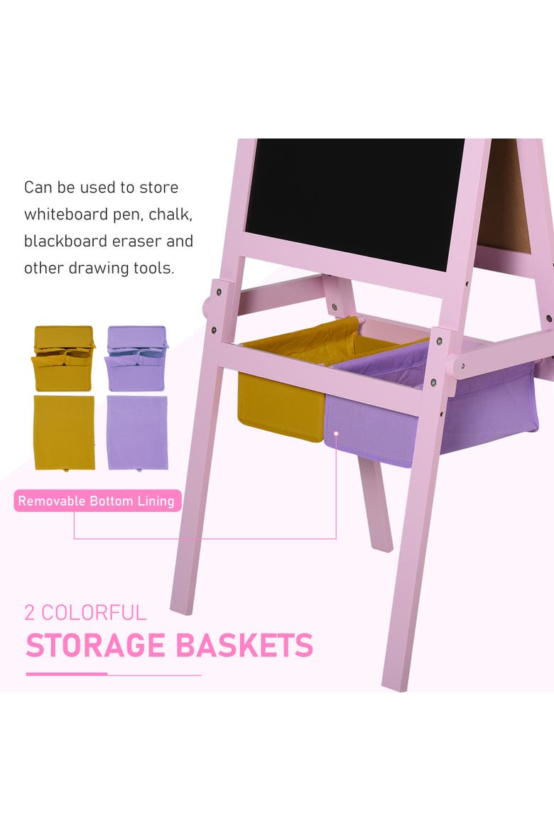 3-in-1 Kids Wooden Art Easel, Paper Roll, Double-Sided Chalkboard & Whiteboard, Storage, Alternate, color, Pink