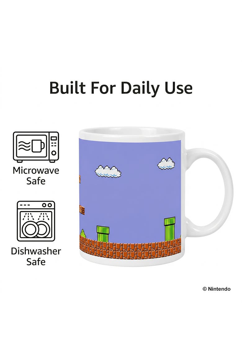 20 oz Super Mario Bros Retro Title Ceramic Mug, Alternate, color, White