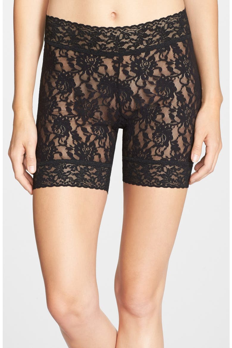 Sheer Signature Lace Bike Shorts, Main, color, BLACK