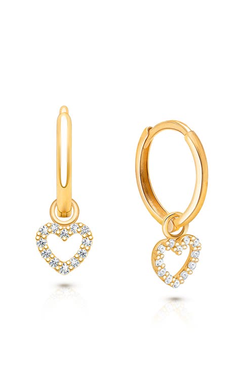 14K Gold Pavé Heart Drop Classic 11mm Huggie Hoop Earrings