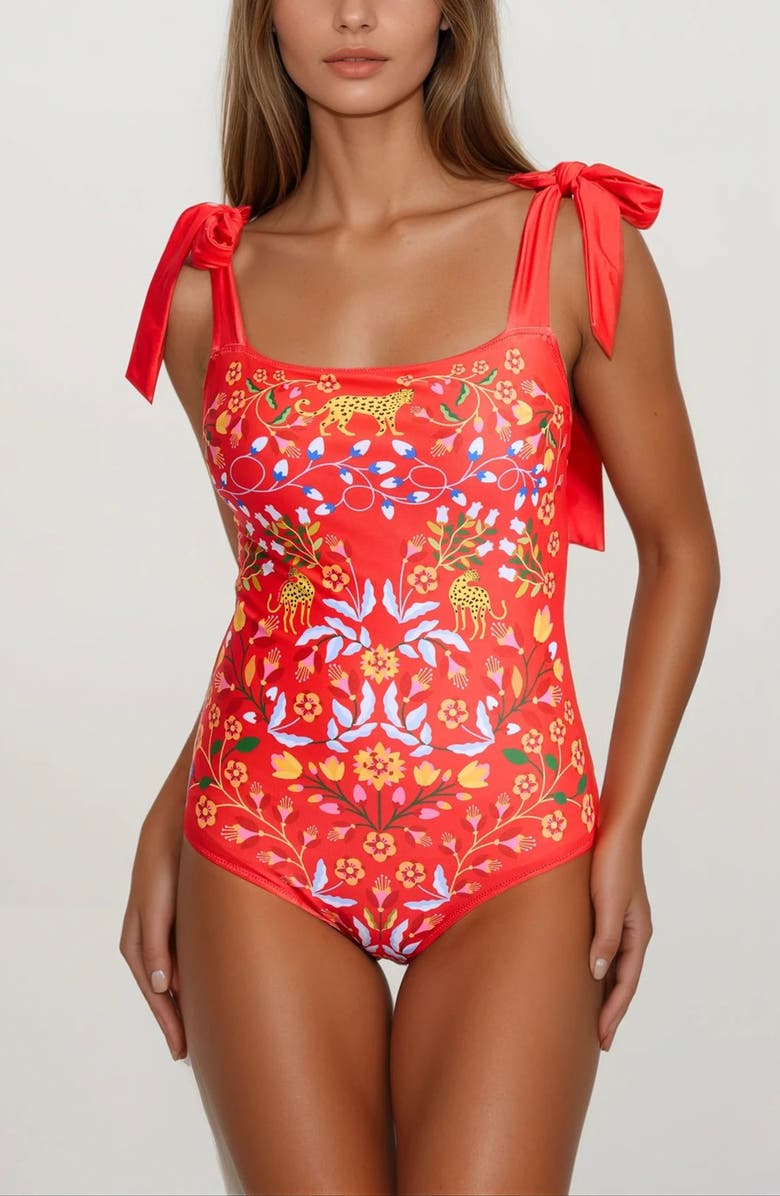 Jessie Zhao New York Red Blossom Reversible One-Piece Swimsuit, Main, color, Red