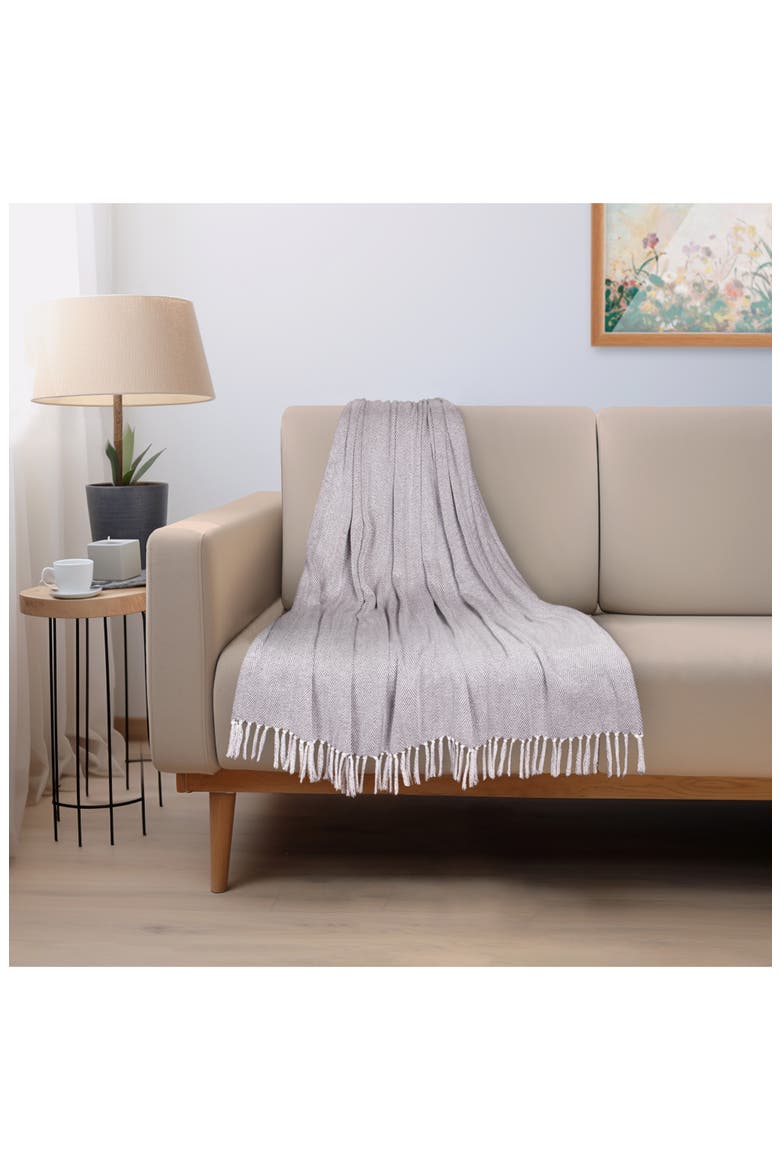 Isla Herringbone Fringe Trim Throw Blanket, Alternate, color, GRAY