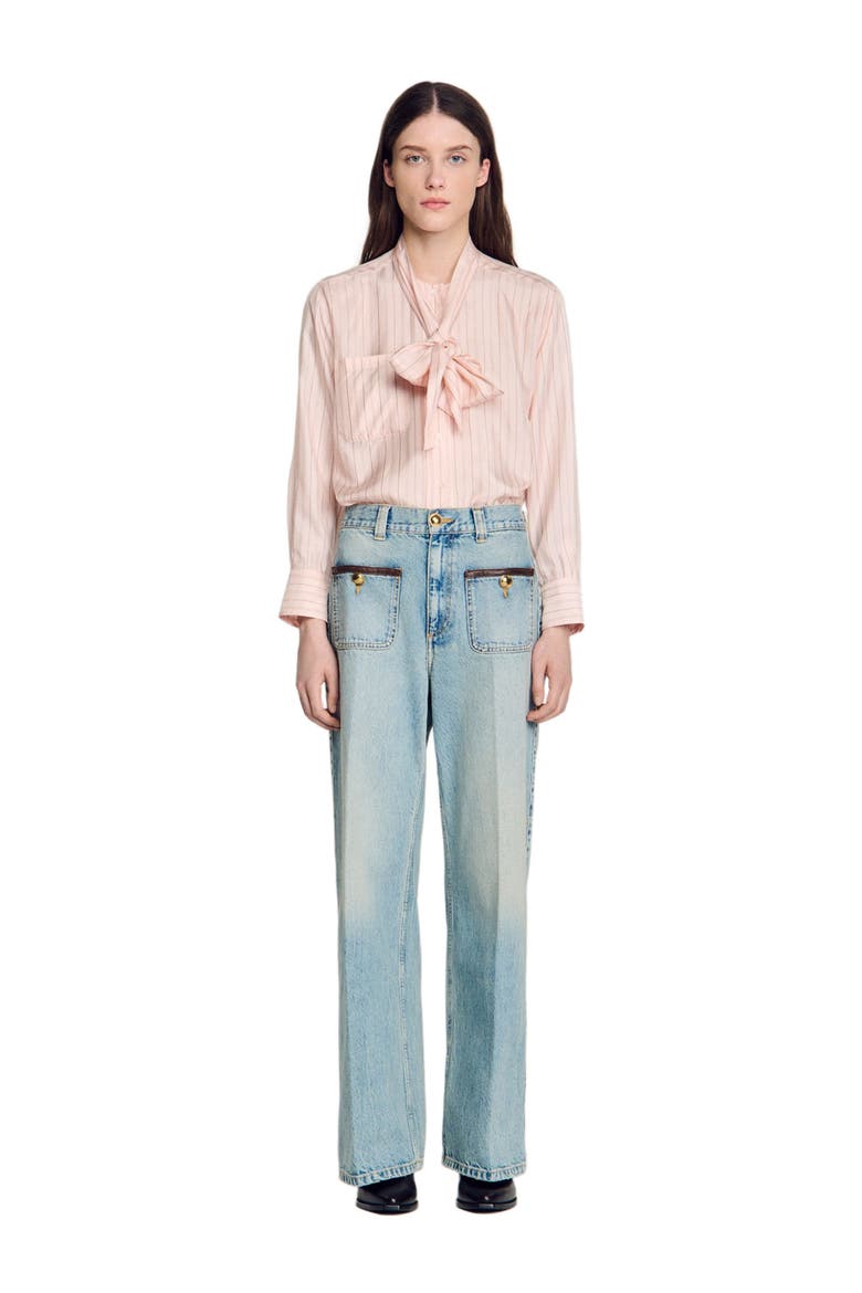 Straight-leg leather detail jeans, Alternate, color, Blue jean