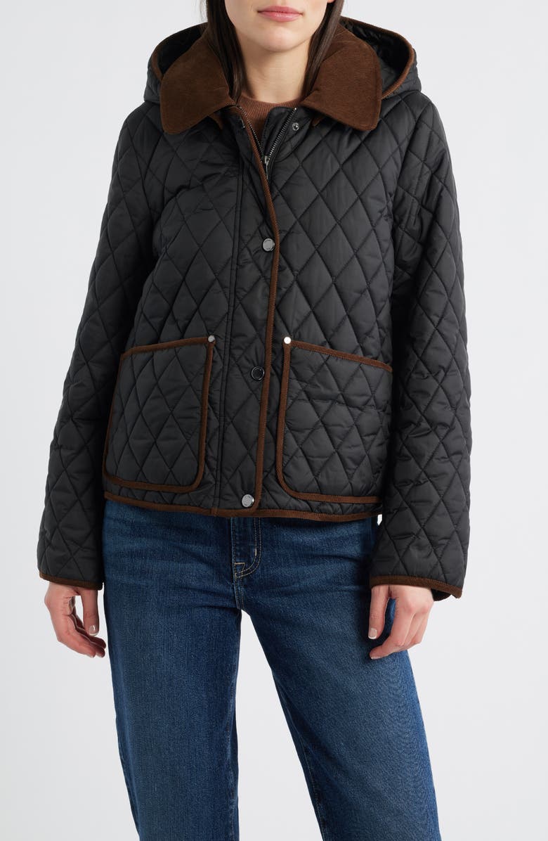 London Fog Water Resistant Corduroy Trim Quilted Coat, Main, color, Black