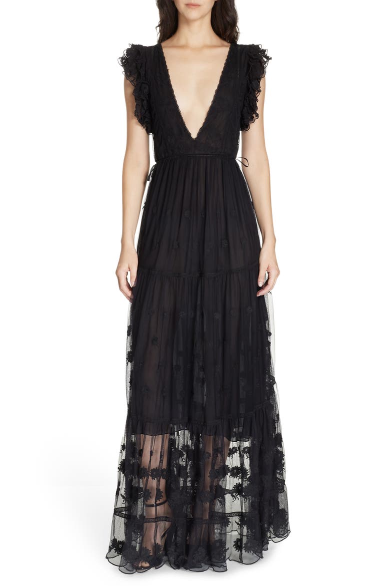 Fifi Embroidered Tulle Maxi Dress, Alternate, color, RAVEN