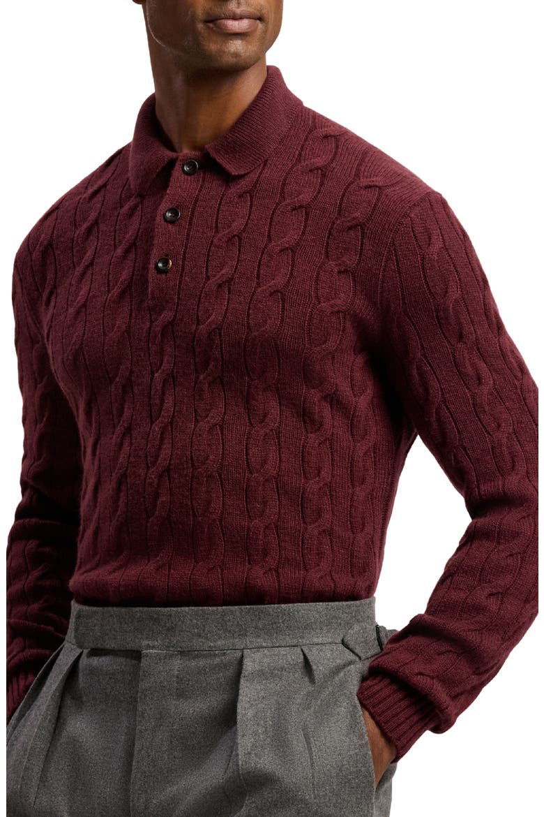 Cable Knit Cashmere Polo Sweater, Alternate, color, MAHOGANY