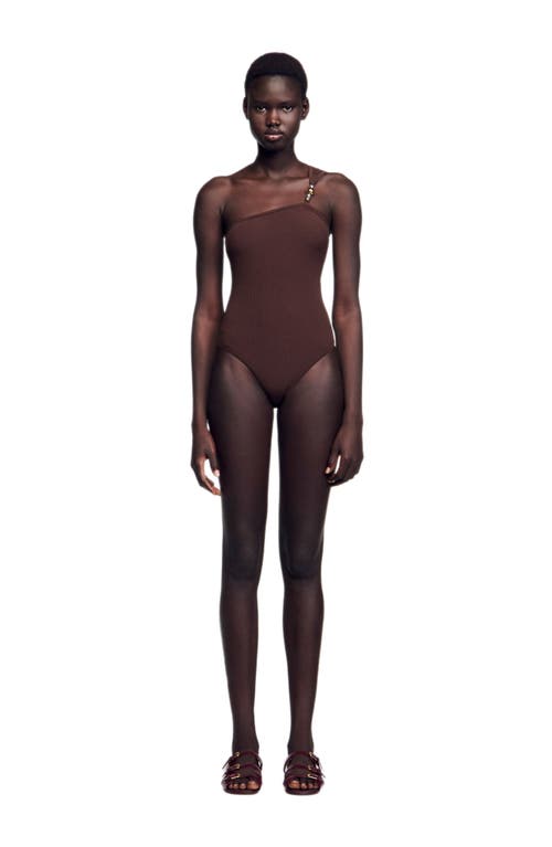 Sandro Asymmetric Leotard With Bead Detail In Brown