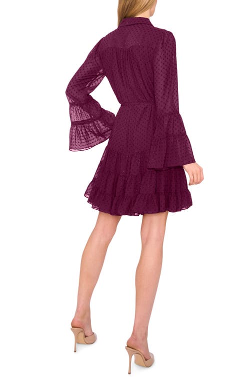 Cece Metallic Clip Dot Long Sleeve Tiered Dress In Purple