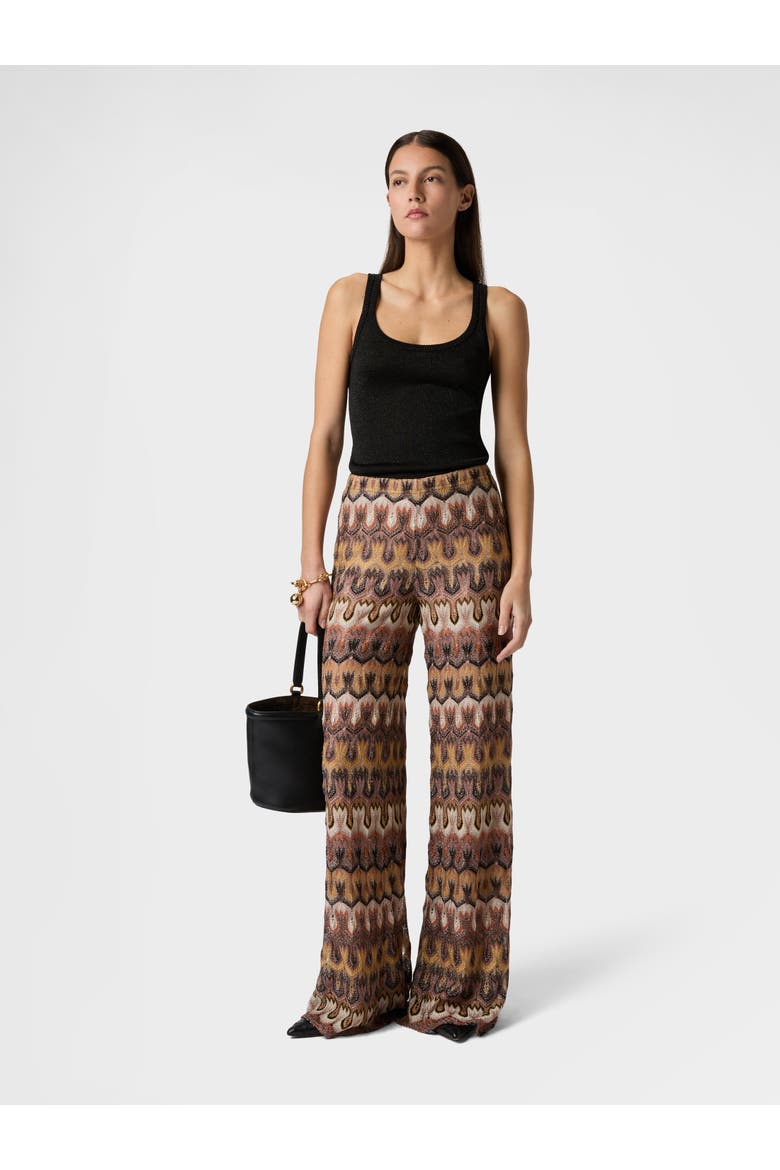 Trousers In Viscose Lamé Arabesque Motif, Alternate, color, Tan