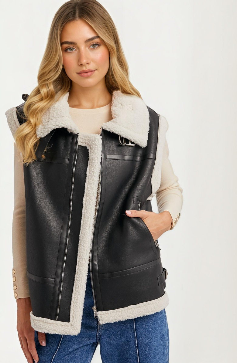 Knit and Lounge Zip-Front Faux Leather Shearling Vest, Alternate, color, 