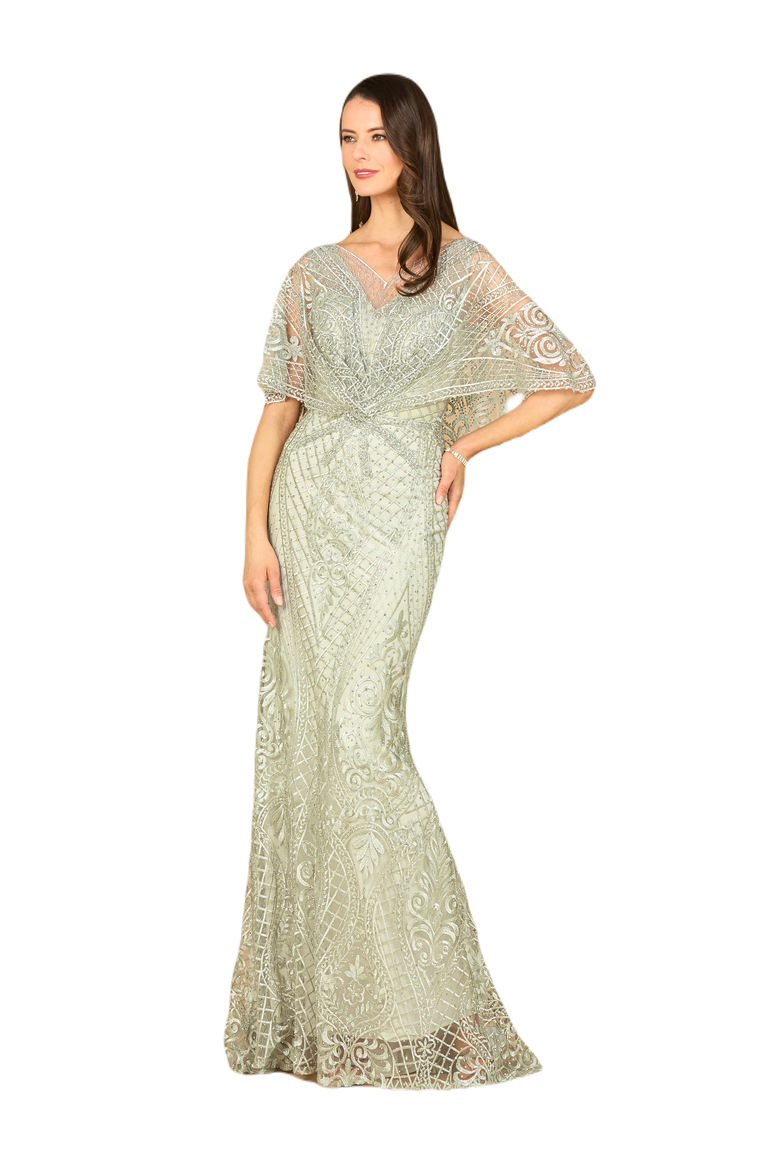Cape Sleeve Mermaid Gown, Main, color, GlacialGreen