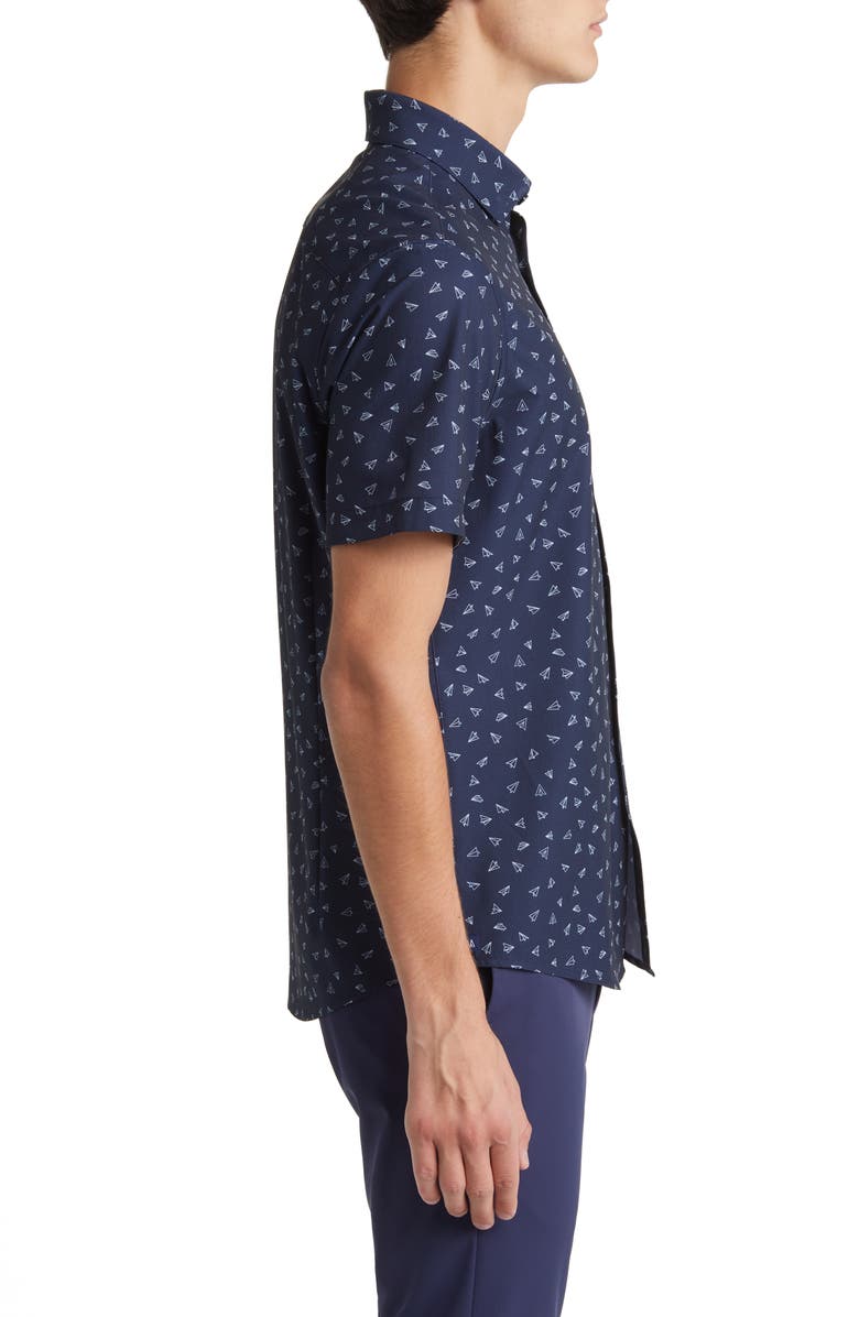 Mizzen+Main Leeward Trim Fit Navy Paper Airplane Short Sleeve Button-Up Performance Shirt, Alternate, color, 