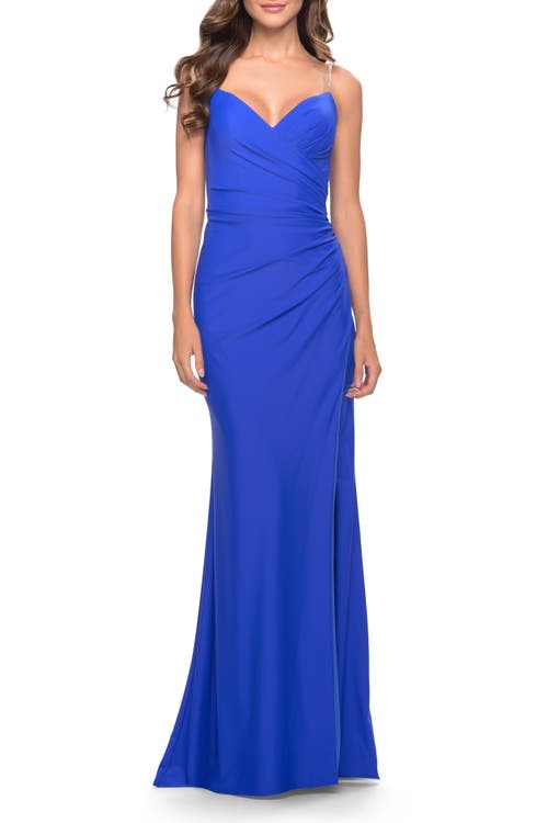La Femme Long Ruched Jersey Gown With V-neckline