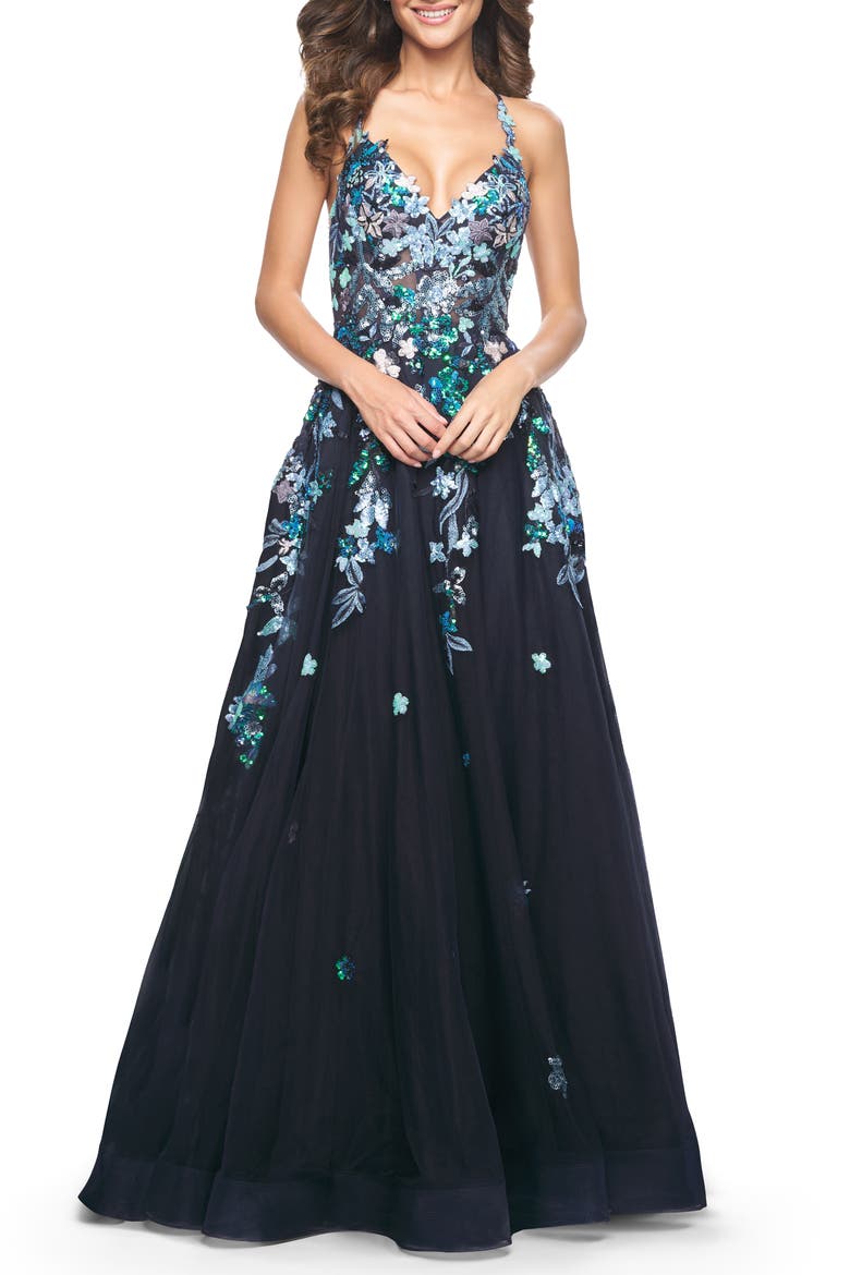 Gorgeous Sequin Floral Lace Applique A-Line Tulle Prom Dress, Main, color, Navy