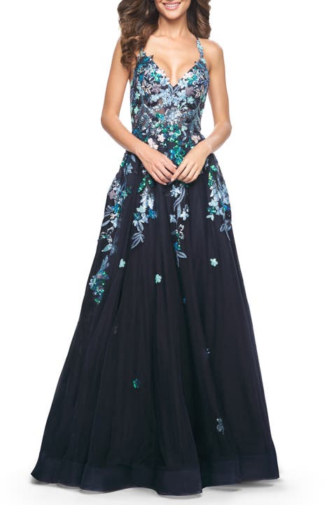 Gorgeous Sequin Floral Lace Applique A-Line Tulle Prom Dress