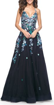 La Femme Gorgeous Sequin Floral Lace Applique A-Line Tulle Prom Dress