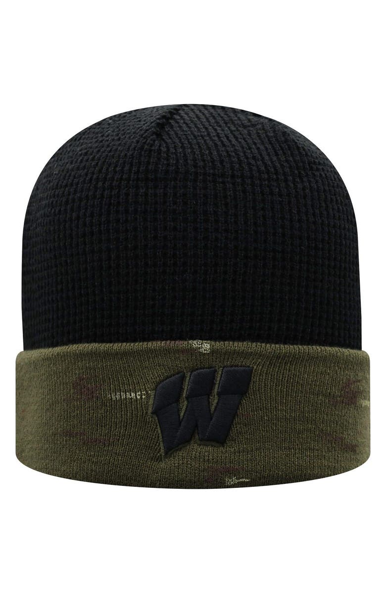 TOP OF THE WORLD Men's Top of the World Olive/Black Wisconsin Badgers OHT Military Appreciation Skully Cuffed Knit Hat, Main, color,