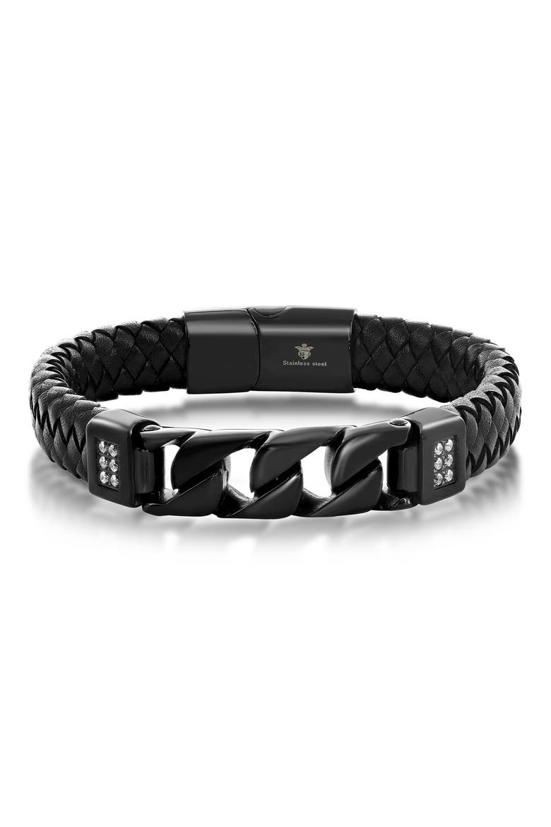 Men's Braided Leather & Stainless Steel CZ Bracelet, Main, color, BLACK