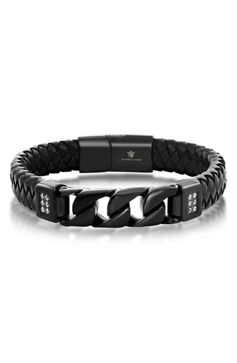 BLACKJACK Men's Braided Leather & Stainless Steel CZ Bracelet, Main, color, Black