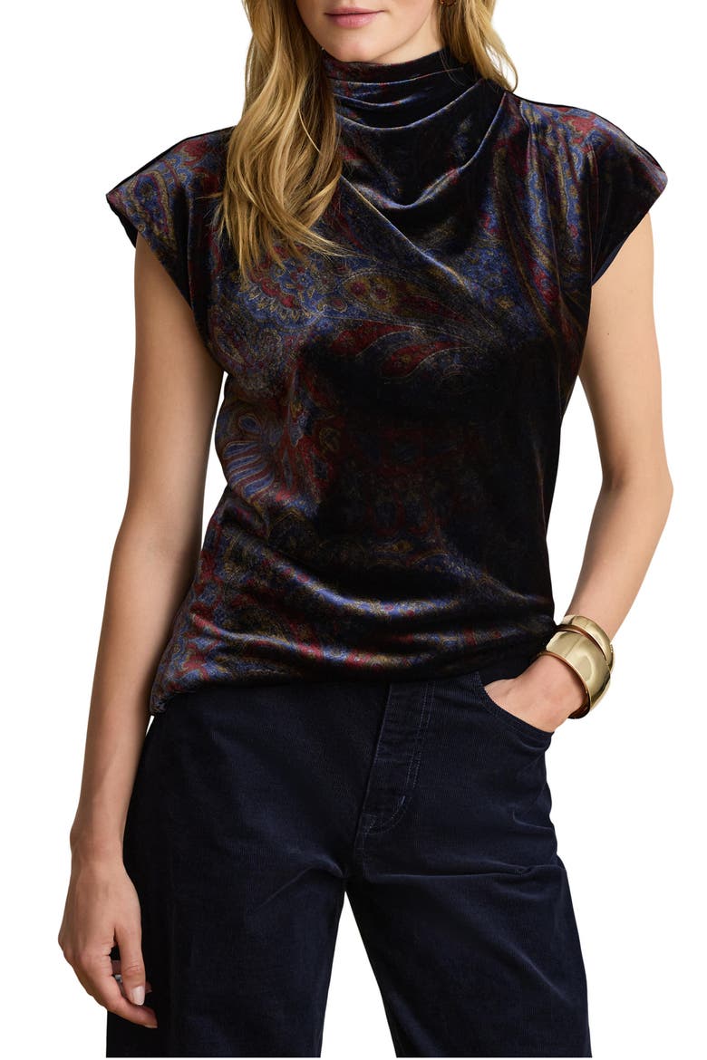Paisley Velvet Cowl Neck Top, Main, color, NAVY BLUE/ MULTI