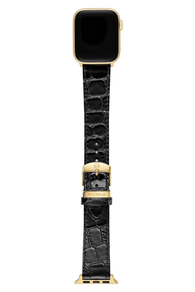 Croc Embossed Leather 20mm Apple Watch® Watchband (Nordstrom Exclusive), Alternate, color, BLACK GOLD