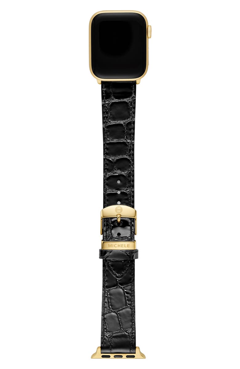 MICHELE Croc Embossed Leather 20mm Apple Watch<sup>®</sup> Watchband, Alternate, color, Black Gold