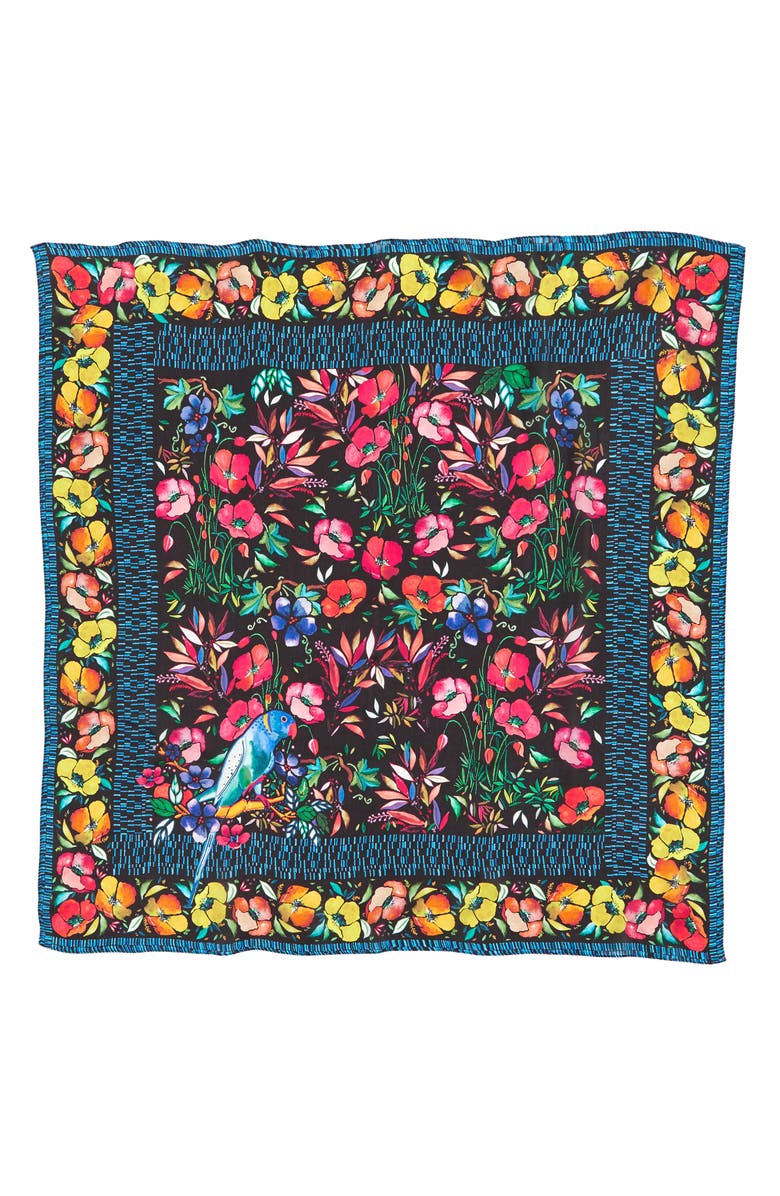 Echo Parakeet Floral Square Silk Scarf, Alternate, color, 