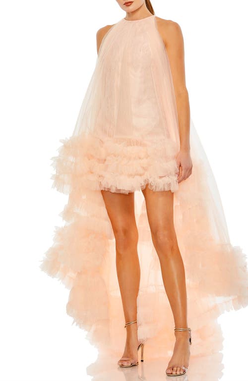 Mac Duggal Tulle High Neck Sleeveless Ruffled Hem Hi-lo Gown In Blush