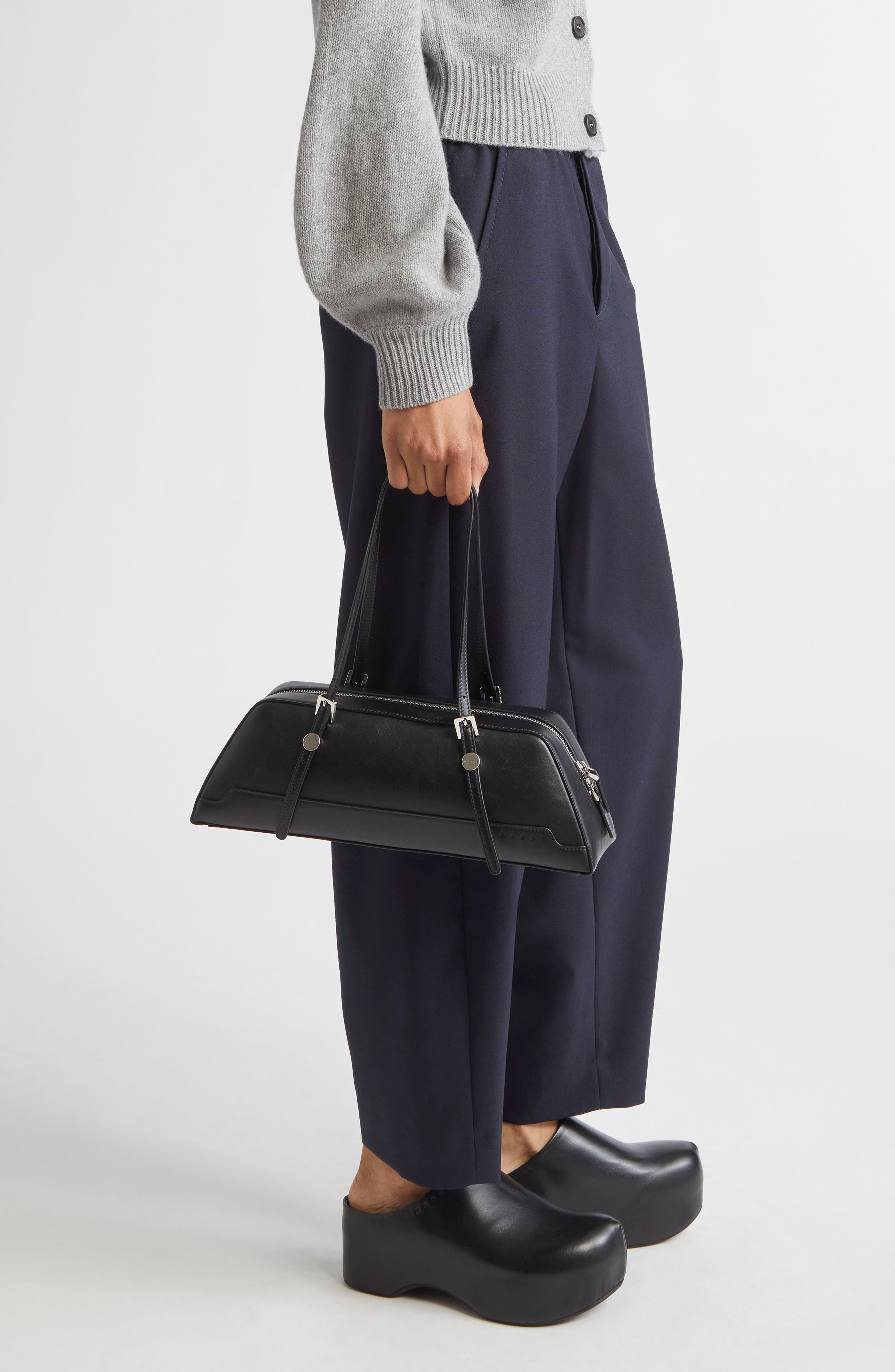 Marni Small East/West Leather Tote, Alternate, color, Black